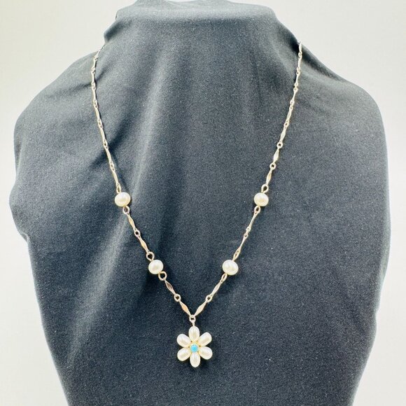 Vtg 18" Freshwater Pearl Necklace Sterling 925 w/Pearl Daisy & Turquoise Pendant - Picture 8 of 16